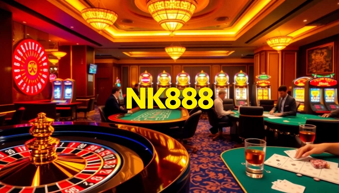 Engaged players enjoying the thrill of NK888 at a luxurious casino, with roulette and poker tables in an exciting atmosphere.