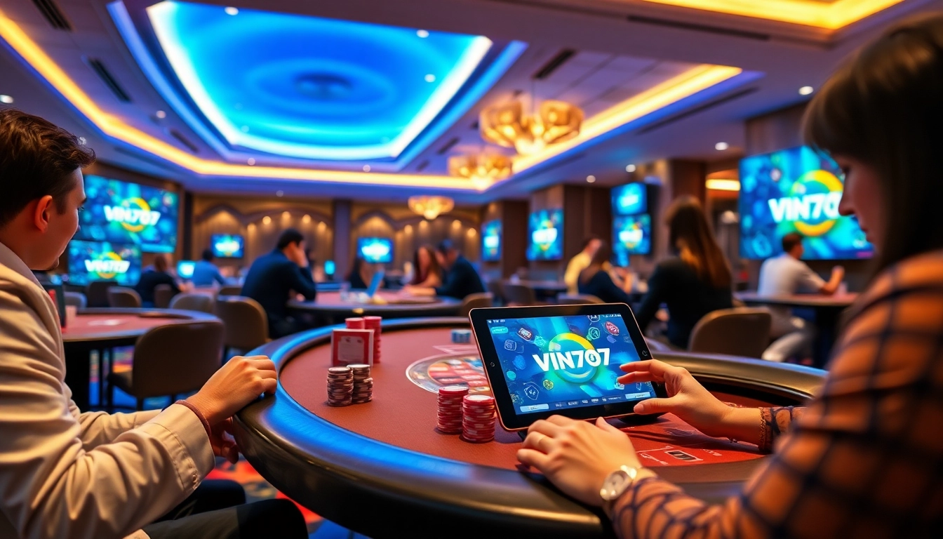 Stylish online casino scene showcasing players at vin777.gb.net with modern gaming tables and vibrant atmosphere.