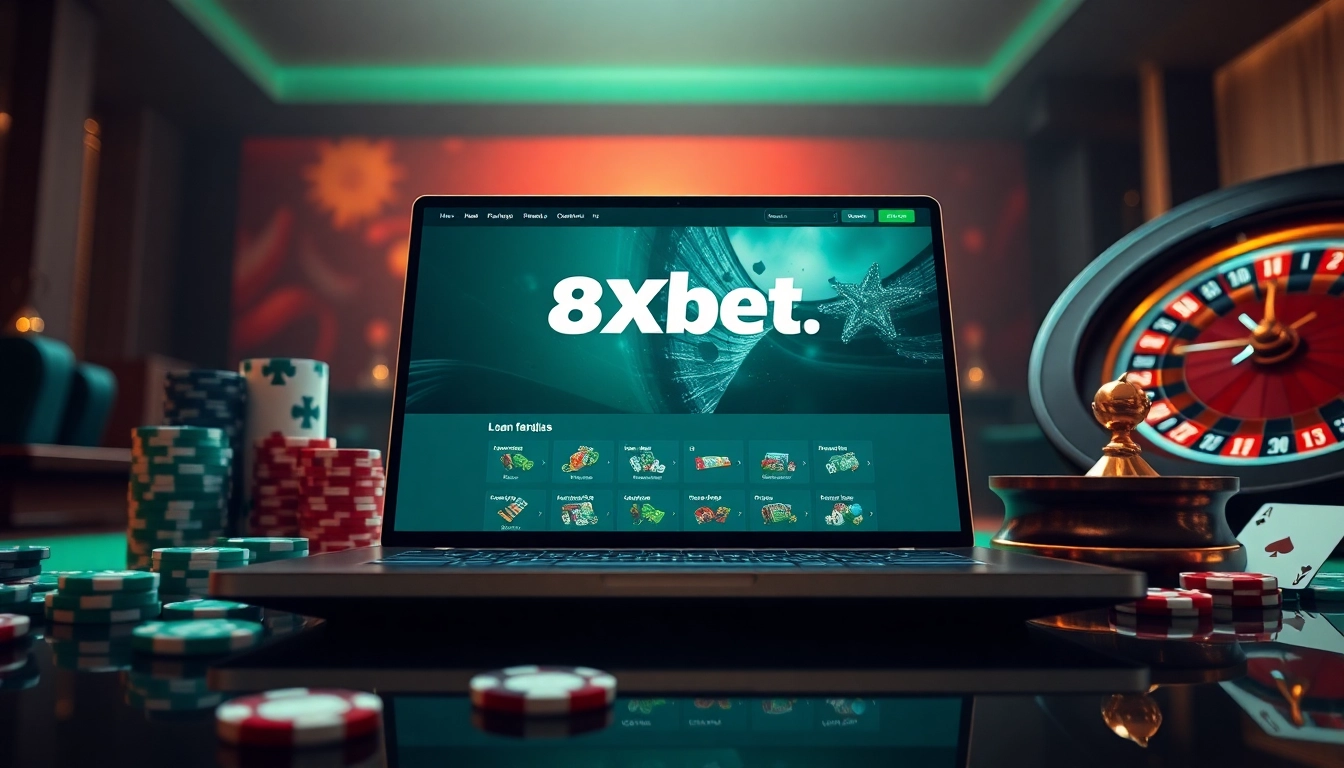Vibrant online betting scene featuring 8xbet.com.se, casino elements, and a sleek laptop display.