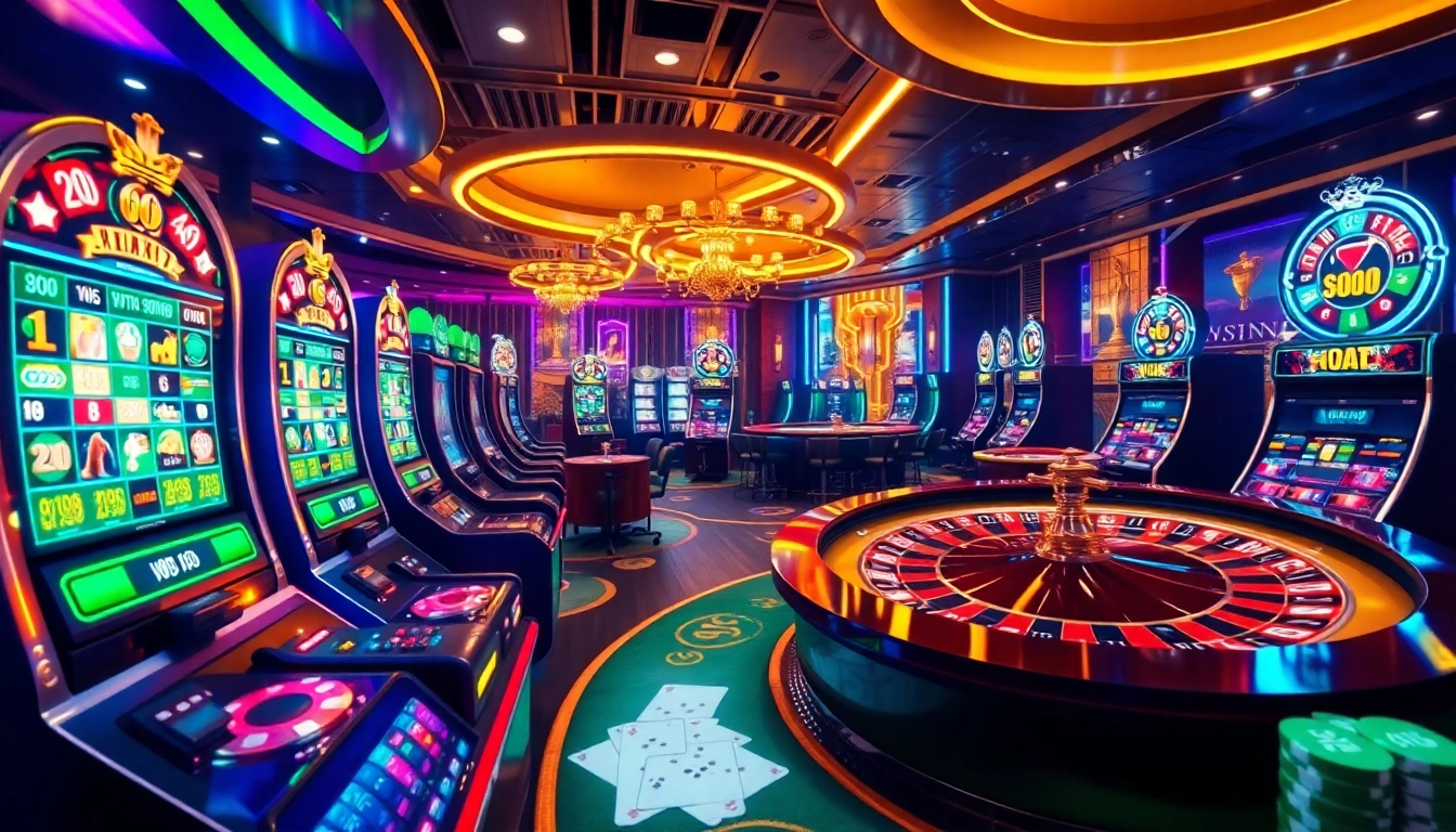 Experience the luxury of online gambling with dom88.us.com, showcasing vibrant slot machines and poker tables.