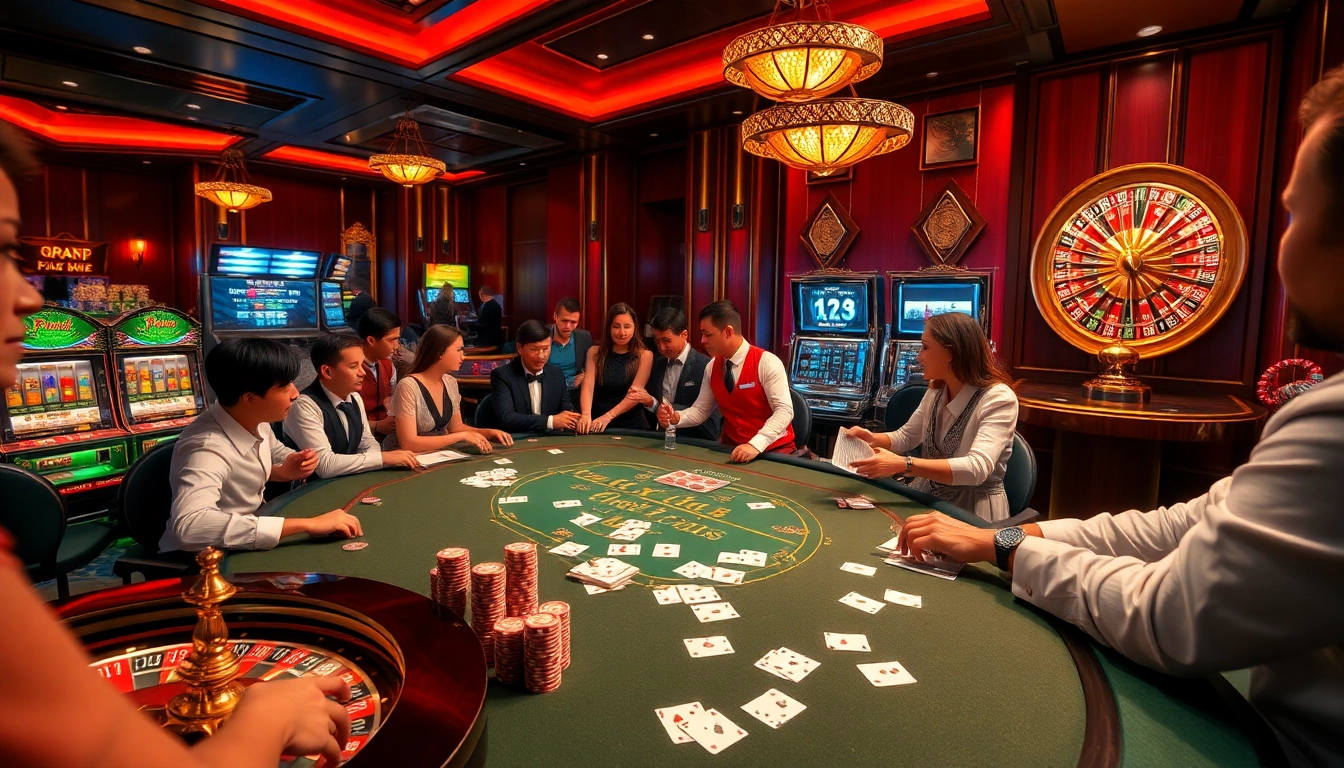 Exciting poker game at 69vn.gb.net with players and dealers in a luxurious casino atmosphere.